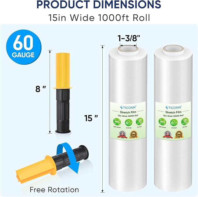 TICONN 2Pk Stretch Wrap Stretch Film Roll, 1000ft Industrial Strength 15 inch Wide Clear Plastic Wrap with Handles for Pallet Wrapping Shipping Moving
