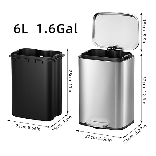 KUK 1.6 Gallon Small Bathroom Trash Can with Lid, 6L/1.6 Gal Office Step Garbage Can for Home, Bathroom, Bedroom, Office, Brushed Stainless Steel