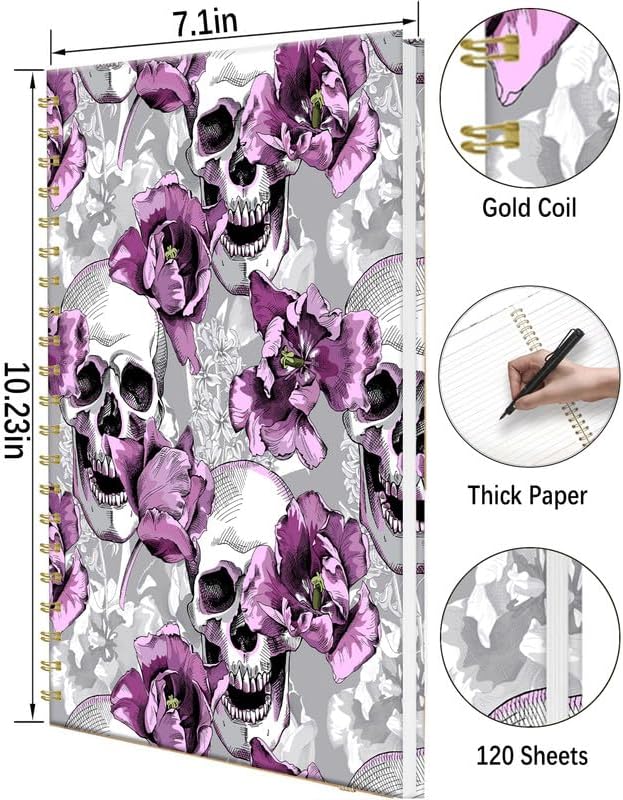 iampanda Spiral Journal Notebook,Strong Twin-Wire Binding with Premium Paper for Women,60 Sheets B5 College Ruled Notebook/Journal,Perfect for School Office Work,Skull Purple Floral