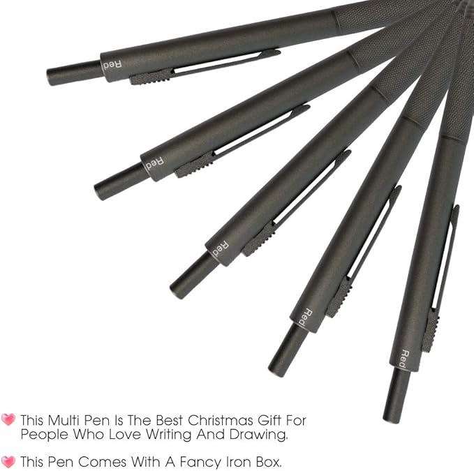 smttw 4 in1 Multi-Function Refillable & Retractable Ballpoint Pen + 0.7mm Mechanical Pencil, Fine Point, Grey Metal Barrel, With Black/Red/Blue Inks Color Code, Multicolor Pen With Metal Gift Box