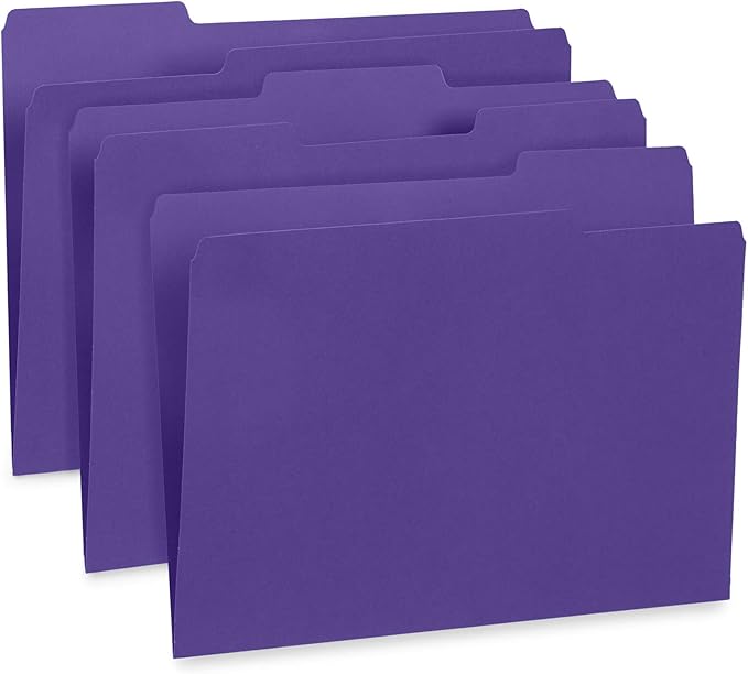 Blue Summit Supplies Purple File Folders, Letter Size, 1/3 Cut Tab, Purple Color, Great Folder for Organizing and Easy File Storage, 100 Per Box