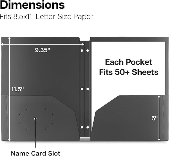 Dunwell Plastic 2-Pocket Folders for 3-Ring Binders, (3 Pack, Black) 3 Hole Punched, Divider Folder for Notebooks, Heavy Duty Poly, Fits 8.5x11 Sheets, Includes Labels