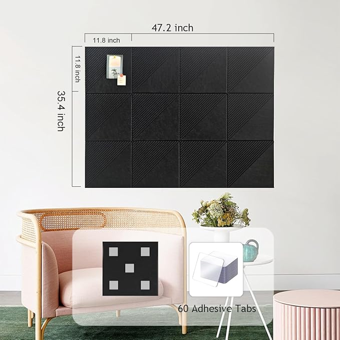 Large Cork Board for Walls 48"x 36", 12 Pack Felt Wall Tiles with Safe Removable Adhesive Tabs, Cork Board for Office,Pinboard Bulletin Board - Black