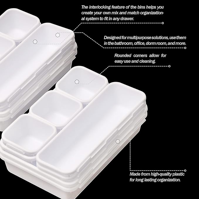 Set of 16 Interlocking Desk Drawer Organizer Tray Dividers Plastic Shallow Narrow Drawers Organizers Separators Storage Bins Container for Kitchen Bathroom Makeup Office Vanity Bedroom Dresser White