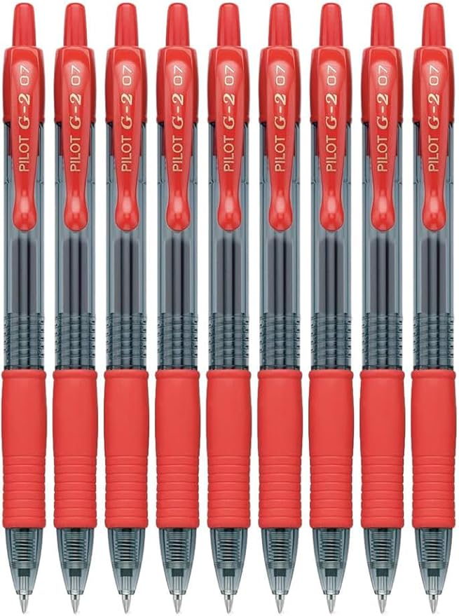 G2 Retractable Premium Gel Ink Roller Ball Pens Fine Point Fine Point (.7mm) Red Ink 9-pk; Refillable & Premium Comfort Grip Bundle with Plastic Reusable Pouch