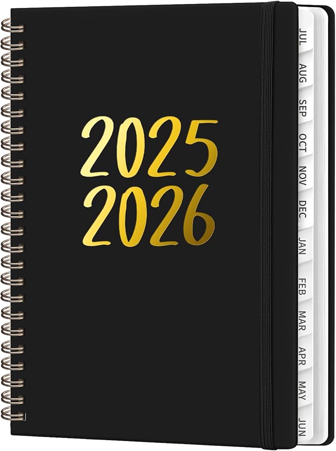 Planner 2025-2026, July 2025 - June 2026 Daily Weekly and Monthly Calendar Planner Book with Tabs, Notes Pages, Inner Pocket, Spiral Schedule Agenda A5, Back to School Supplies for School, College, Work-BLACK