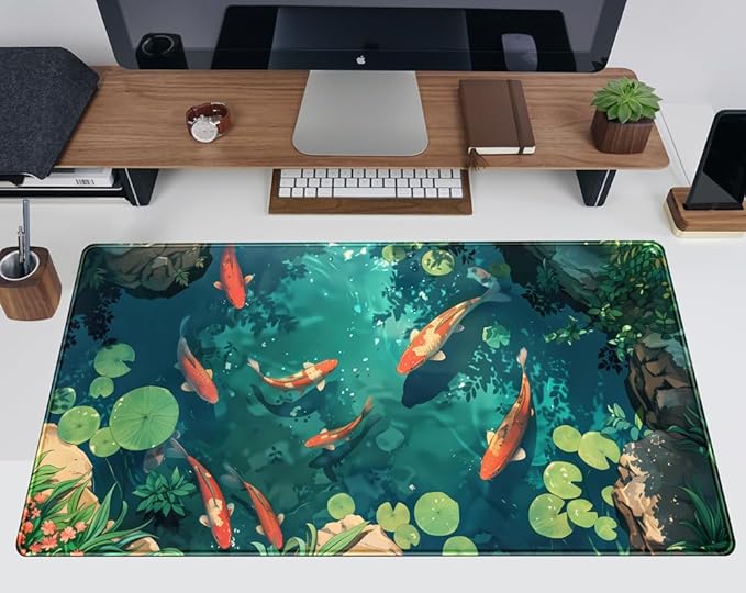 Koi Fish Desk Mat Gaming Koi Pond Desk Pad Large Cute Mouse Pad, Goldfish Mouse Mat XXL Laptop Keyboard Pad, Blue Waters Gamer Mouse Pad Full Mousepads Cool Office Accessories 31.5"x15.7"