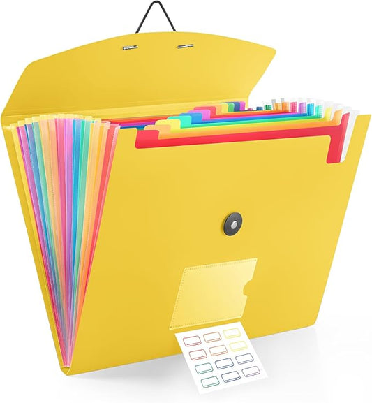 13 Pocket Accordion File Organizer with Elastic Closure, Expanding File Folder for Letter Size A4 Papers, Ideal for Home, Office Supplies, College Essentials - Yellow