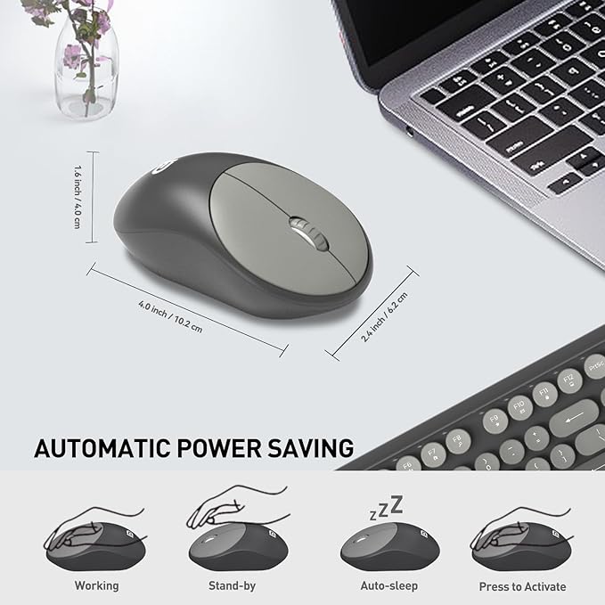 Wireless Keyboard and Mouse Combo, 104 Round Keys Cute Colorful Cordless Keyboard and Mouse with Retro Typewriter Black