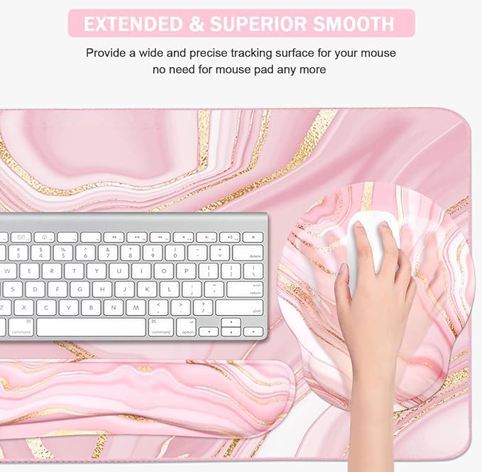 4-in-1 Gaming Mouse Pad Wrist Support Set，Desk Pad + Mouse Pad with Wrist Rest + Keyboard Wrist Rest + Coaster, Ergonomic Design for Home Office Study Game - Pink Fluid