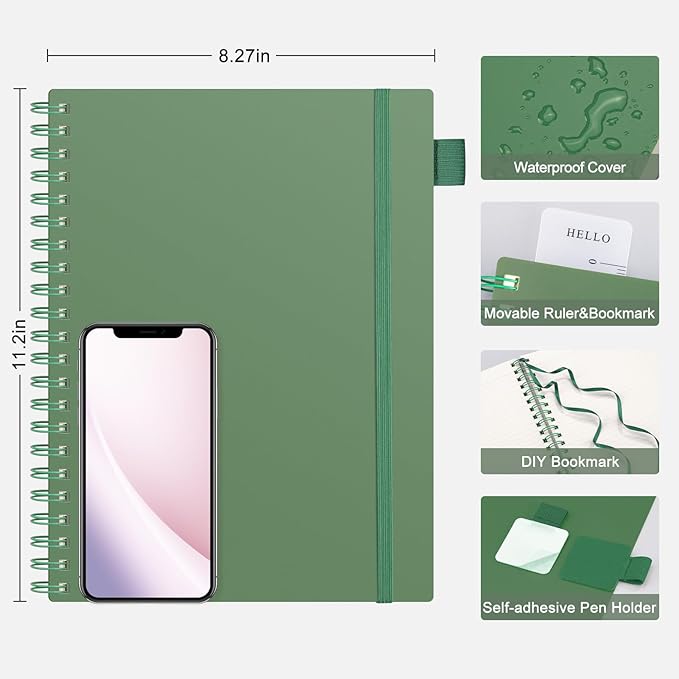 AHGXG Spiral Notebook College Ruled - Spiral Journal Perforated Notebook A4 8.5" x 11", 300 Pages Easy Tear Perforated Pages, 100GSM Thick Paper, Plastic Hardcover, for Writing Work School, Green