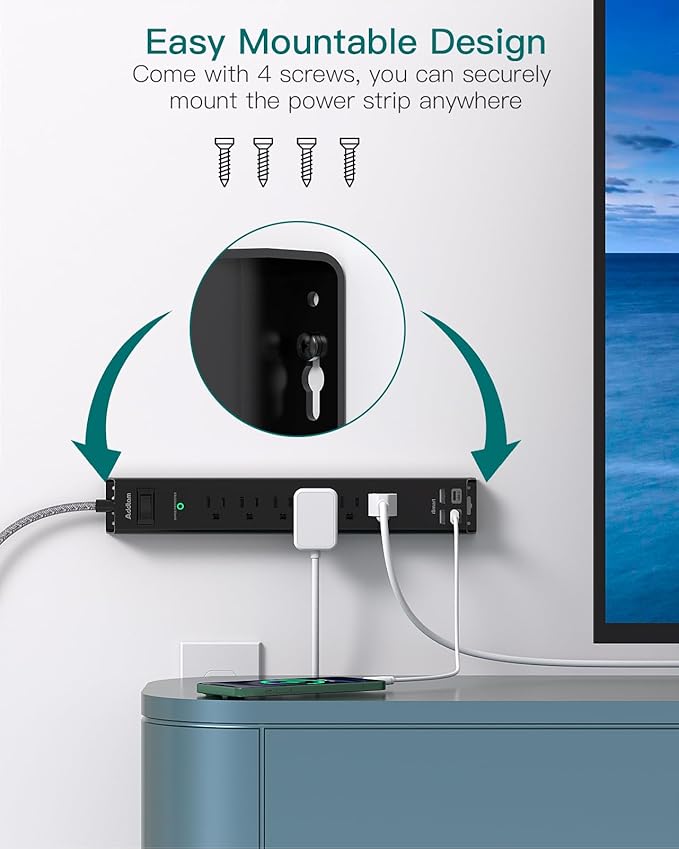 Flat Plug Extension Cord, 6Ft Surge Protector Power Strip - Multi Outlet Extender with 6 AC Outlets 4 USB (2 USB-C) Ports, 900J, Desktop Charging Station for Office College Dorm Room Essentials