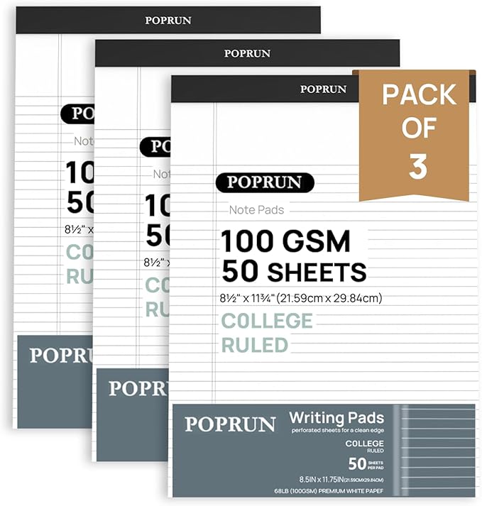 POPRUN White Legal Pads 8.5 x 11.75 College Ruled, 100GSM Writing Paper Pad, Bulk Lined Notepad Notebooks for Work School, Classroom Office Supplies, 3 Pack