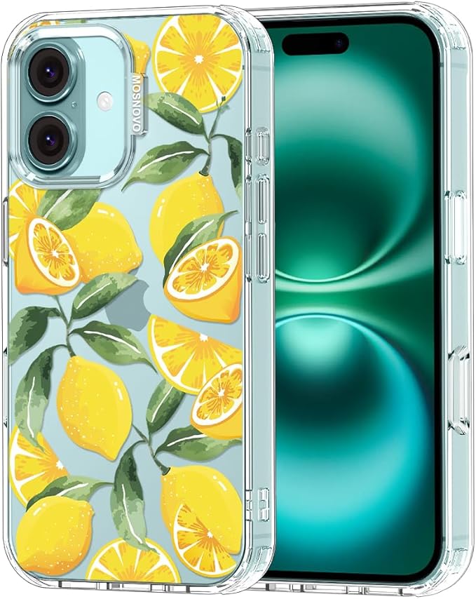 MOSNOVO Case for iPhone 16 Plus, [Buffertech 6.6ft Military-Grade Drop Protection] [Anti Peel Off Tech] Clear TPU Bumper Phone Case Cover Design - Lemon