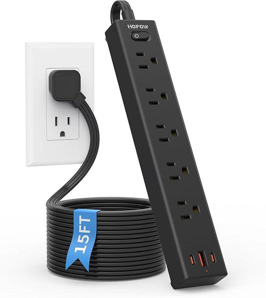 Flat Plug Power Strip, 15FT Ultra Thin Flat Extension Cord, Surge Protector with 5 Outlets & 3 USB Ports (2 USB C), 1700 Joules, 3-Prong, Wall Mount for Home Office Dorm, Black