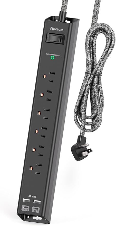 Flat Plug Extension Cord, 6Ft Surge Protector Power Strip - Multi Outlet Extender with 6 AC Outlets 4 USB (2 USB-C) Ports, 900J, Desktop Charging Station for Office College Dorm Room Essentials
