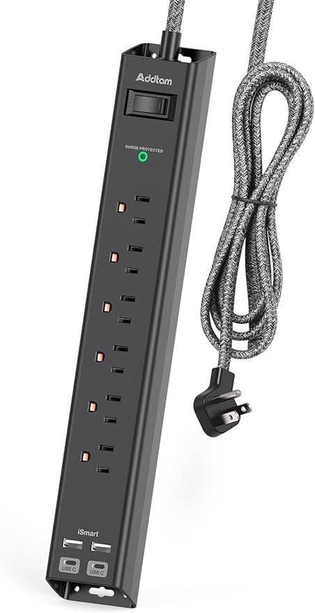 Short Extension Cord 2ft - Addtam Surge Protector Power Strip with 6 AC Outlets 4 USB (2 USB-C Ports), Flat Plug, 900J, Wall Mount, Outlet Extender for Home Office Dorm Room Essentials