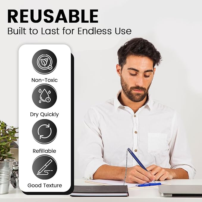 Secure Pen with Adhesive Pen Chain Holder 23-Inch Chain (42 Pieces) | 7 Black Pens and 7 Blue Pens with 14 Black & 14 Blue Refills | Counter Pens with Chain & Base