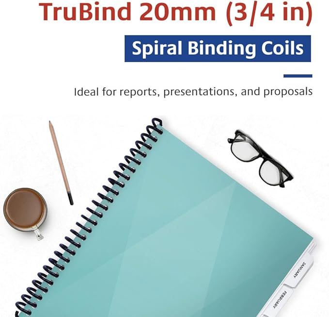 TruBind 20mm (3/4 in.) Spiral Binding Coils for Reports, Presentations and Proposals | 4:1 Pitch | 12 in. Length | Black | 172 Sheets Binding Capacity | 50 Pack