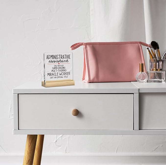 Administrative Assistant Gifts, Secretary Desk Decor,Receptionist Desk Accessories Decor, Secretary Appreciation Gifts, Funny Cute Humor Acrylic Desk With Wooden Decoration for Office