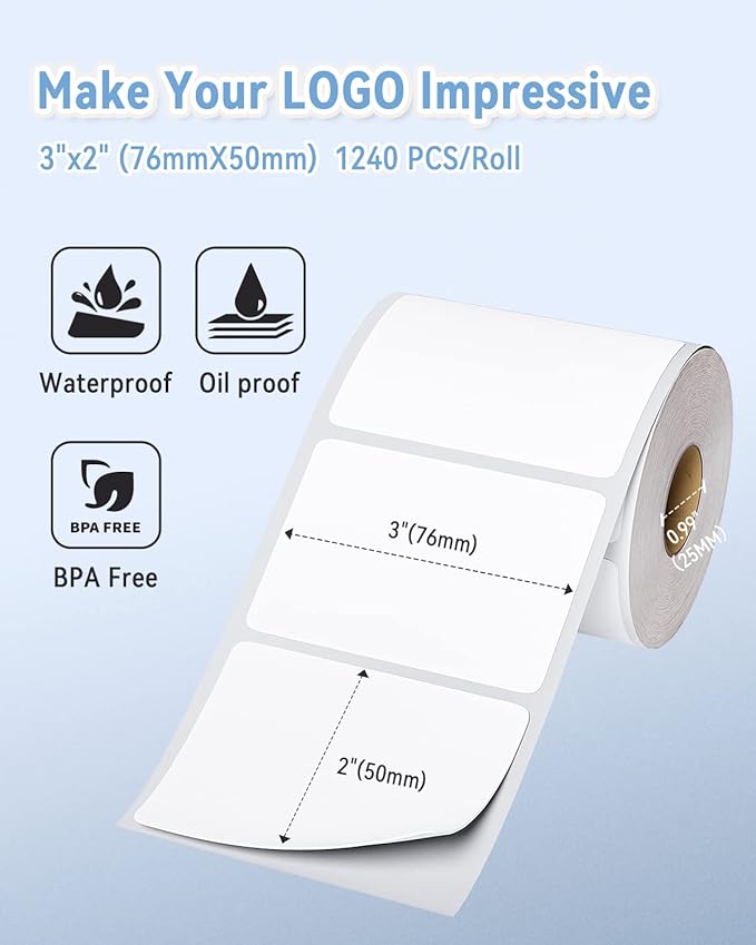 Phomemo 3"x2" Thermal Labels Roll - 1240 PCS Label Stickers for Small Business Supplies - Commercial Grade Logo Stickers for Business Customized - Waterproof Shipping Labels for Thermal Printer