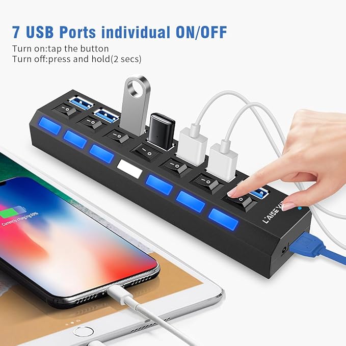 USB 3.0 Hub, 7 Ports USB Splitter USB A Port Data Hub with Independent On/Off Switch and LED Indicators, Lights for Laptop, PC, Computer, Mobile HDD, Flash Drive and More