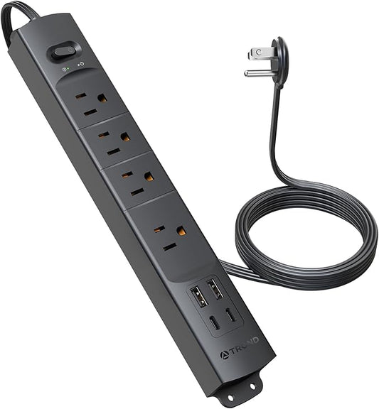TROND Flat Plug Power Strip USB-5ft Flat Extension Cord Surge Protector Wall Mount, 2 Type C & 2 USB A Ports with Multiple Outlets, 1440J, 1625W for Office Supplies Dorm Room Essentials, Black