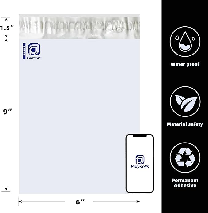 POLYSELLS 200 pcs 6x9 Inches White (Silver) Poly Mailers Shipping Envelopes, Strong Adhesive Sealing, Waterproof, and Tear-resistant Postal Mailing Bags for Small Business, Clothes, Non-Fragile Items