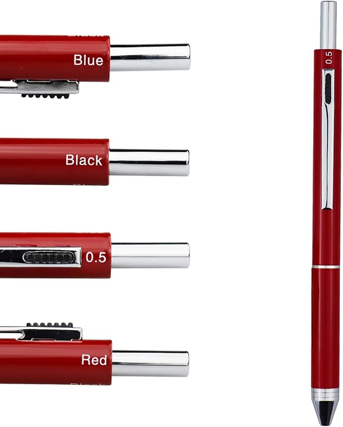 DUNBONG Metal Multifunction Pen, 4 in 1 Multicolor Pen, 0.5mm Mechanical Pencil, 1-Count (Red)