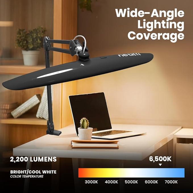 Neatfi XL 2,200 Lumens LED Task Lamp, 24W Super Bright Desk Lamp, 117 Pcs SMD LED, 4 Level Brightness, Dimmable, Task Light for Home, Office, Workbench (Non-CCT, Space Gray)