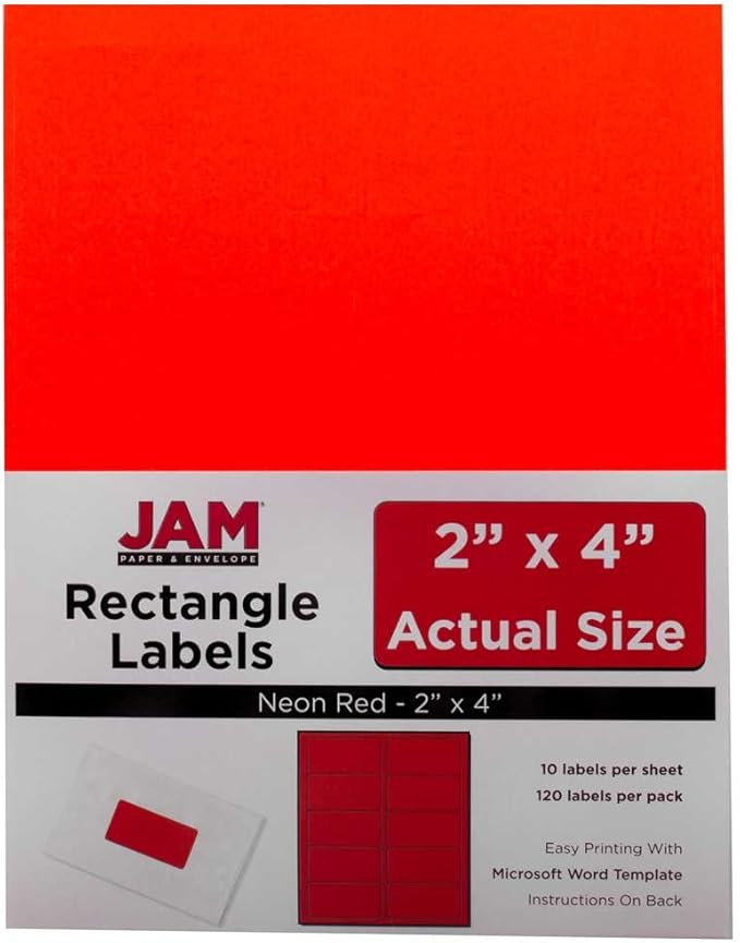JAM PAPER Shipping Address Labels - Standard Mailing - 2 x 4 - Assorted Bright Neon Fluorescent - 6 Packs of 20 Labels - 120 Labels Total