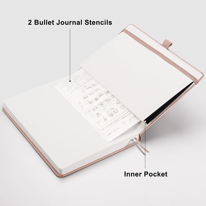 RETTACY Bullet Dotted Journal Notebook, 192 Pages, A5 Medium Size (5.7'' x 8.3''), Leather Hardcover, 100 GSM Thick Paper, for Bullet Journaling, Planning, Tracking (Rose Gold)