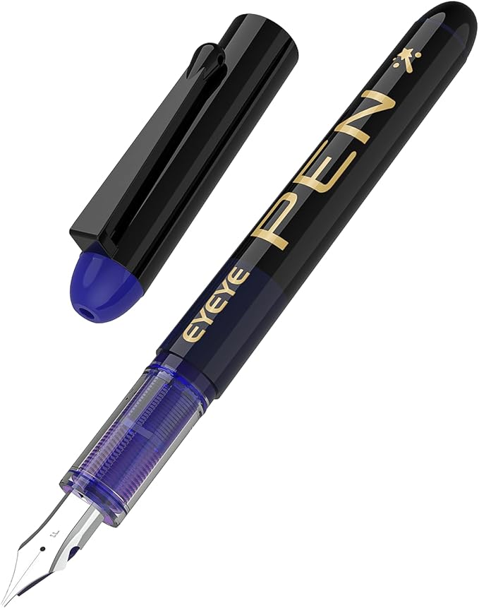 EYEYE Fountain Pens for Writing, 8 Pack Blue Fine Point Pens Disposable Fountain Pens Stainless Steel Nib, Smooth Writing for Journaling, Drafting, Sketching, Doodling & Office Supplies