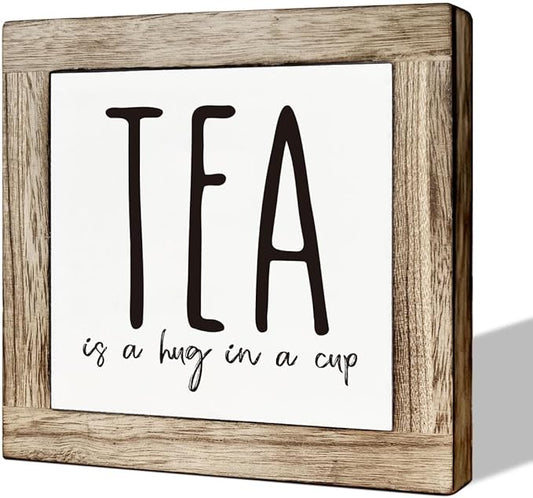 Tea is A Hug in A Cup, Wooden Box Signs for Home Decor, Rustic Wooden Table Sign, Teas Bar Decors, Teas Station Wood Decors, Farmhouse Kitchen Decor for Shelf, Tea Lover Gift