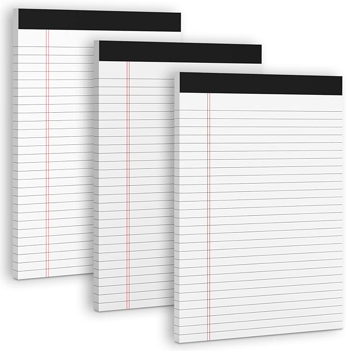 3 Pack White Legal Pads 8.5 x 11 Note Pads, Wide Ruled Notepads, Micro Perforated Lined Note Writing Pads 30 Sheets per Notepad Double-Side Printed Legal Note Pad 8.5x11'' for Home, Office, School