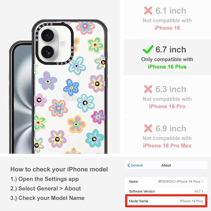 MOSNOVO Case for iPhone 16 Plus, [10ft 4X Military-Grade Drop Protection] Durable & Shockproof Phone Case Cover Design for iPhone 16 Plus - Groovy Flower - Clear Black