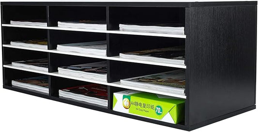 PAG Mail Sorter, Wood Countertop Literature Organizer, Student Mailbox for Classroom, Desktop Bill Paper Organizer for Office Home School, 12 Compartments, Black & White