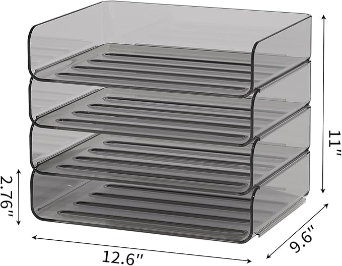 4-Tier Acrylic Paper Tray Organizer - Low-Profile Desk File Sorter for Office/Home, Brown Stackable Letter Tray for Bills, Crafts, Notebooks