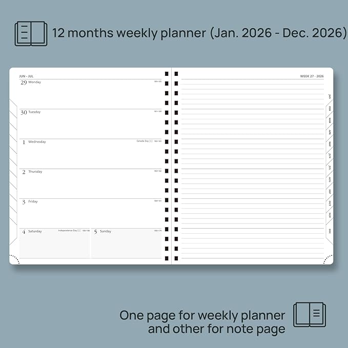 POPRUN 2026 Planner Weekly Notebook Calendar (Jan-Dec), Large Size 8.5'' x 10.5'' - Agenda 2026 Appointment Book with Monthly Tabs, Inner Pocket, Spiral Soft Cover, 100 GSM - Soft Pink