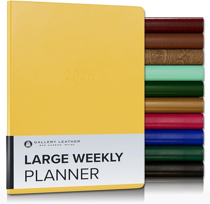 Gallery Leather Large Weekly Monthly Planner 2025-2026, Elegantly Bound Calendar Planner and Notebook with Stylish Gold-Gilded Page Edges, 12 Months - Caribbean Yellow - 9.75 x 7.5 "