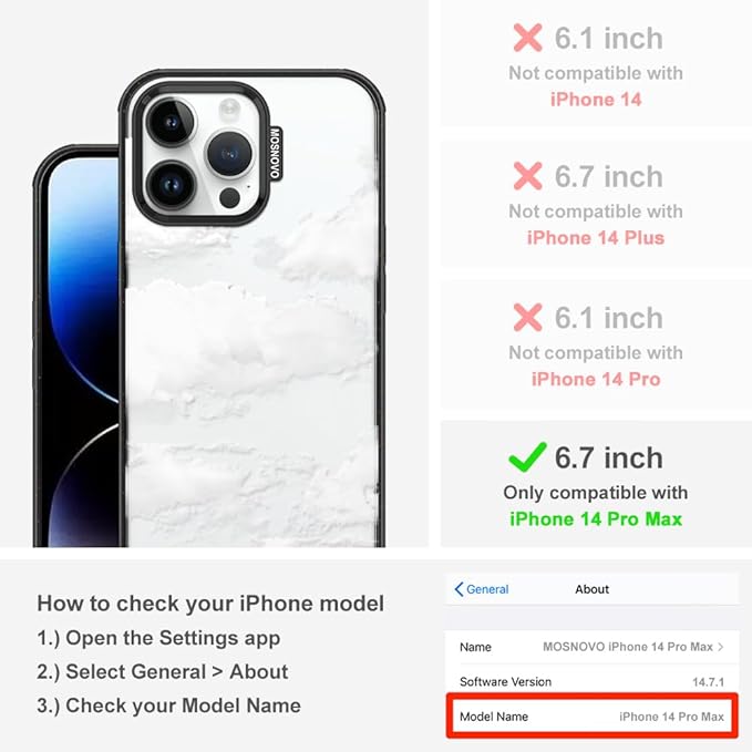 MOSNOVO Case for iPhone 14 Pro Max, [10ft 4X Military-Grade Drop Protection] Durable & Shockproof Phone Case Cover Design for iPhone 14 Pro Max - Cloud - Clear Black