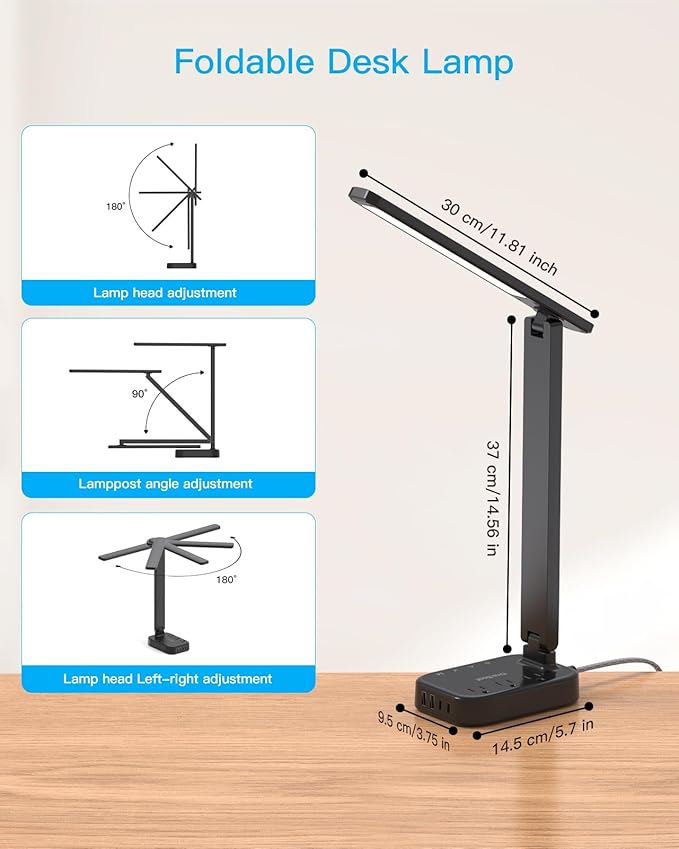 Power Strip with LED Desk Lamp, 3 Outlets 4 USB Ports(2 USBC) 4 Modes 5 Level Touch Lamp Small Desk Lamp for Home Office Bedroom Bedside, Study Reading Light, 5ft Extension Cord, Dorm Room Essentials