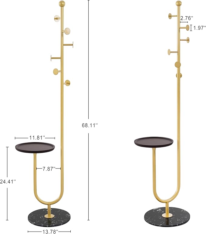 Coat Rack Stand, Metal Coat Tree with Bamboo Tray & 6 Hooks, Heavy Duty Marble Base Corner Coat Stand for Bedroom Hallway Entryway Living Room Office 13.78 x 13.78 x 68.11 Inches (Gold)