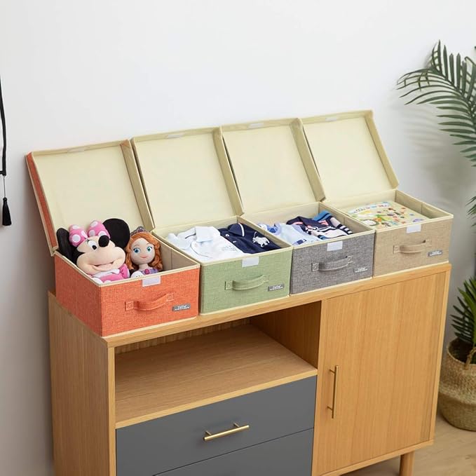 YueYue Small 4 Pack Fabric Stroage Box with Lids, Linen Foldable Stroage Box with lids 4 Color Set 12.4in/12in/6.7in