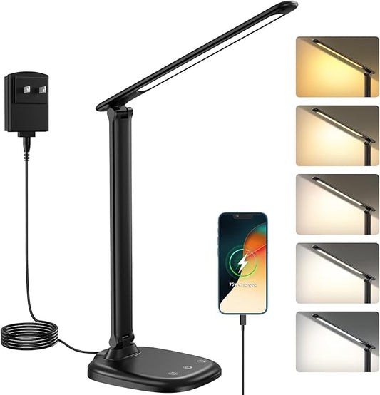 LED Desk Lamp with USB Charging Port, Stepless Dimmable Study Lamp with 5 Color Modes, Touch Control, Timer, Foldable Desk Lights for Home, Office, Bedroom