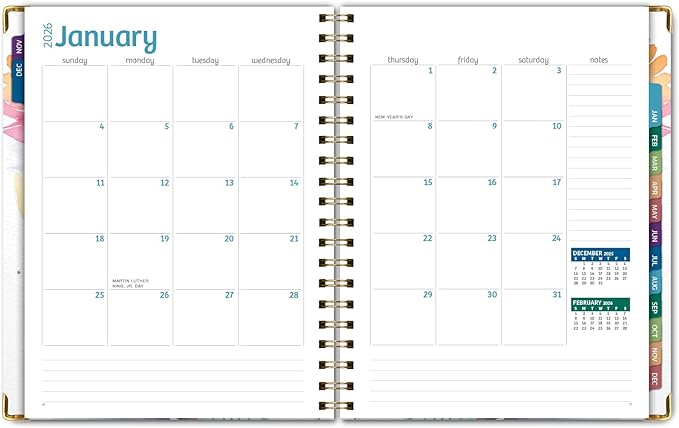 HARDCOVER 2026 Planner, 7"x9": 14 Months (November 2025 - December 2026), Daily Weekly Monthly Planner, Yearly Agenda, Bookmark, Pocket Folder and Sticky Note Set (Rainbow Floral)