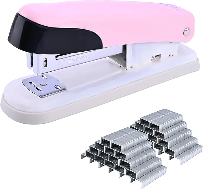 Temiary Stapler, Desktop Metal Staplers with 2000 Standard Staples, 25 Sheet Capacity, One Finger Stapling, Jam Free, No Effort Staplers for Classroom, Office or Desk (Pink)