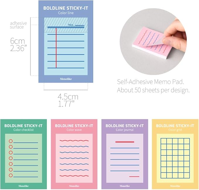 Monolike Color Boldline Sticky-It - 5p Set Self-Adhesive Memo Pad 50 Sheets