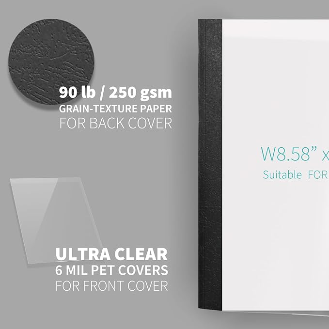 Binditek 10 Pack Thermal Binding Presentation Covers, 1/16 Inch Spine, Holds 15 Sheets, Ultra Clear Front Cover, Black Paper Back Cover, Letter Size, for Students and Coworkers