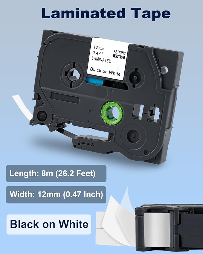 Label Maker Tape TZe-231 Replacement for Brother P Touch PT-D210 PT-D220 PT-H110 PT-D600 D400 by FETIONS, Compatible with TZe TZ 12mm X 8m Laminated Waterproof Label Tape, 6 Pack